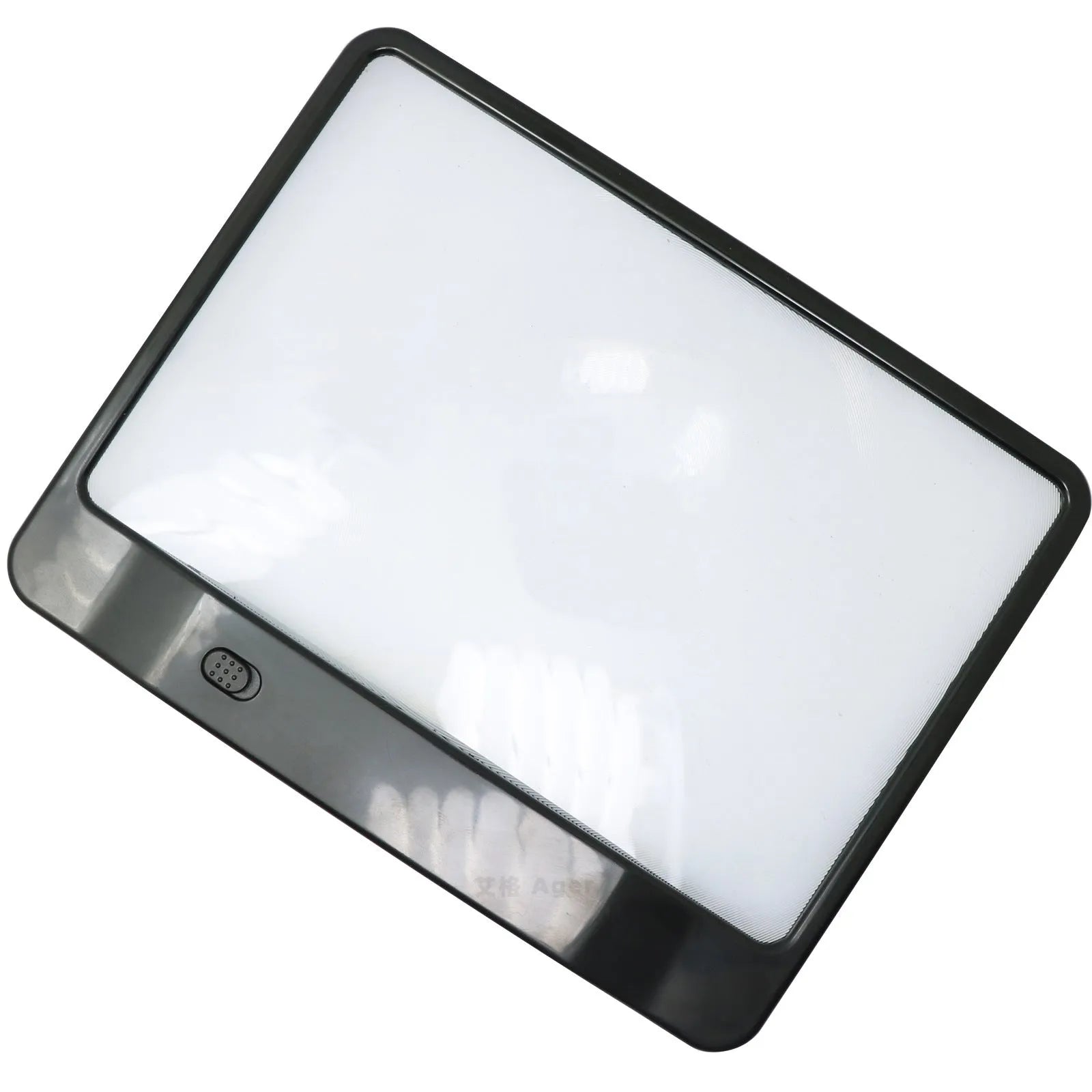 Black desktop magnifying glass with LED light showing large rectangular lens and PVC handle