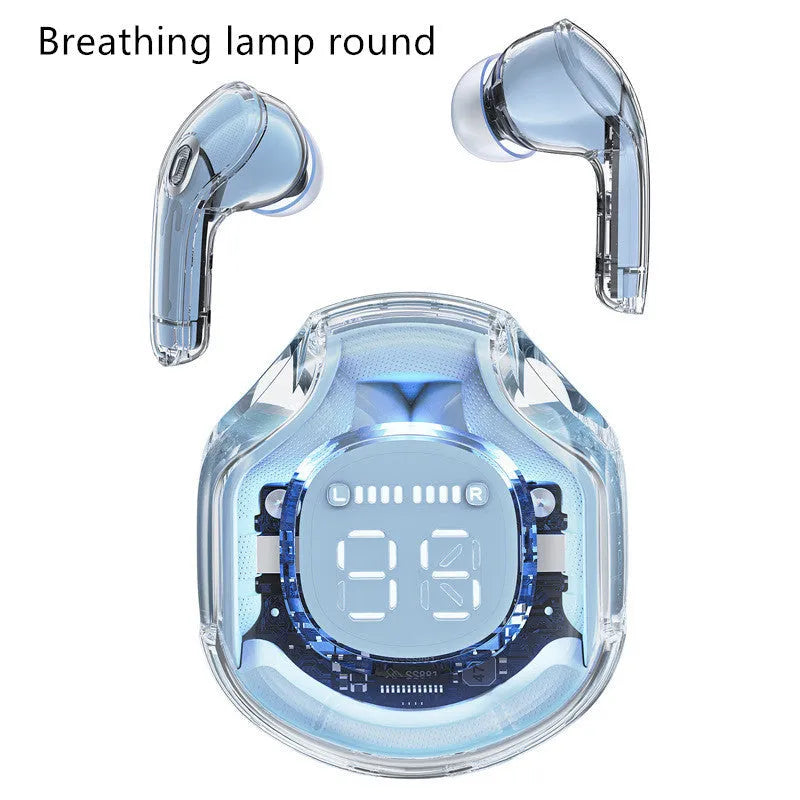 Transparent case wireless Bluetooth headset in five colours: white, black, pink, sky blue, violet.