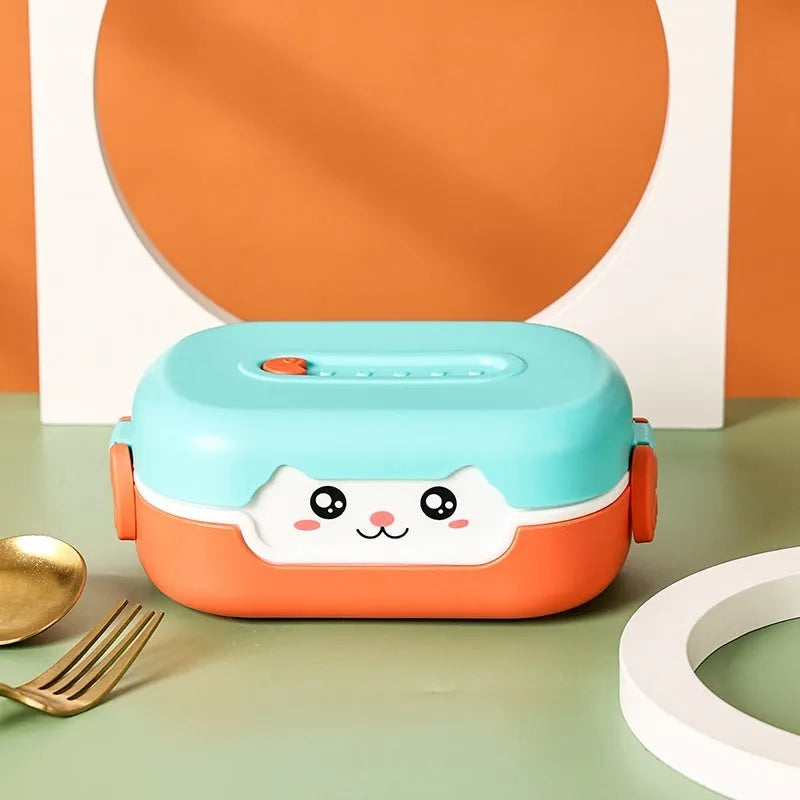 Square divided plastic lunch box in solid colour options of dark blue, pink and green, or orange yellow.