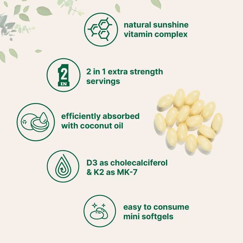 Vitamin D3 K2 softgel capsules 180 tablets supplement pack for bone health support
