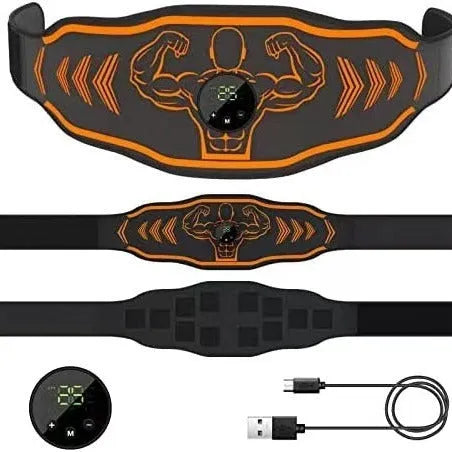 Smart Massage Belt EMS fitness equipment with blue and orange host units on a grey belt
