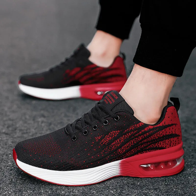 Men's air cushion casual running shoes in black and red with flyknit upper and wedge heel on white background
