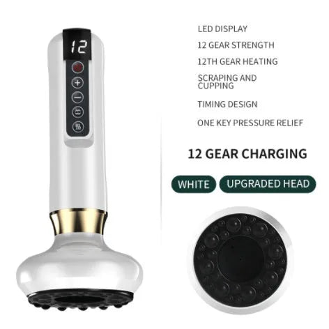 Green electric vacuum cupping massager with USB charger on a white background.