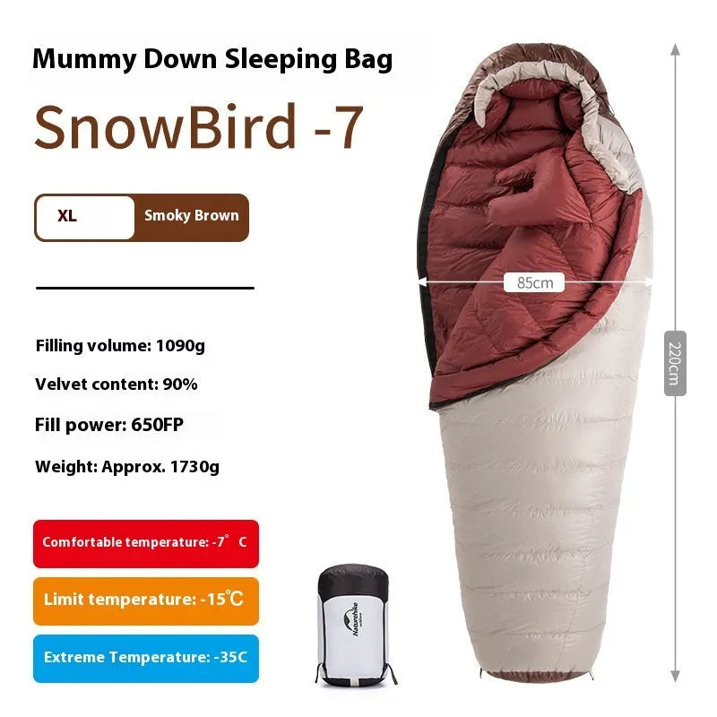 Blue and grey mummy-style down sleeping bag packed in its storage bag for camping.