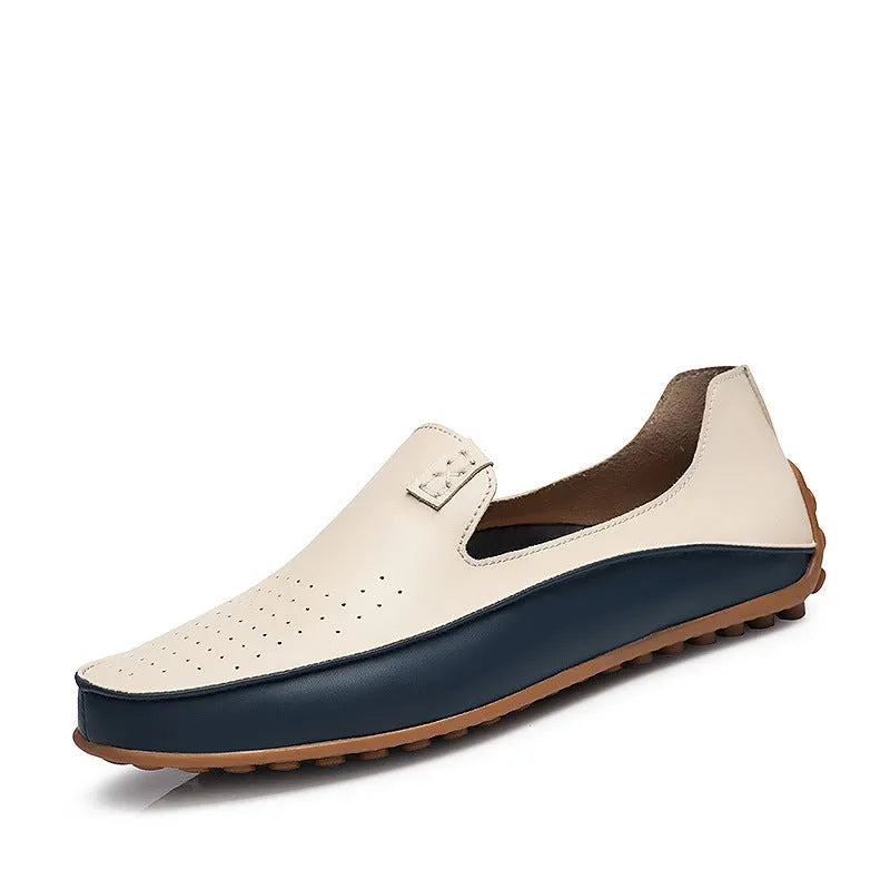Lightweight plus size men's beige synthetic leather loafers with hollow design flat heel breathable casual shoes