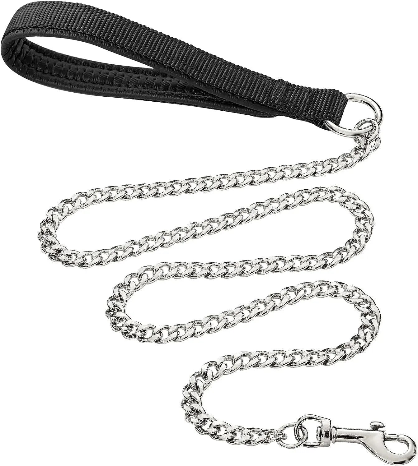 Heavy duty metal dog leash with chew-proof chain and soft blue padded handle.