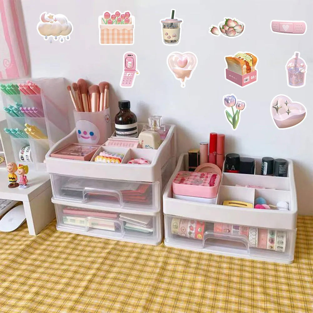 Pack of 63 cute pink girl heart 3D decorative stickers with two pattern options on a white background.