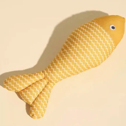 Blue, red or yellow catnip fish toy with natural filling for feline energy and dental health