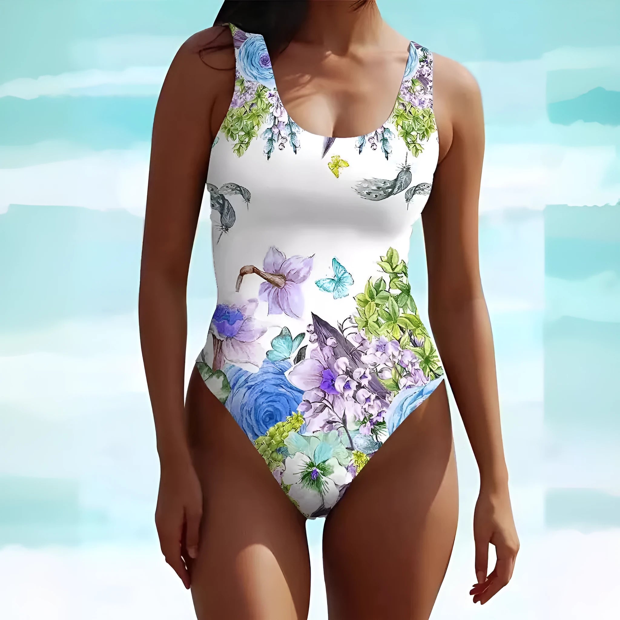 Women's sleeveless swimsuit dress with Bohemian retro pattern in spandex fabric