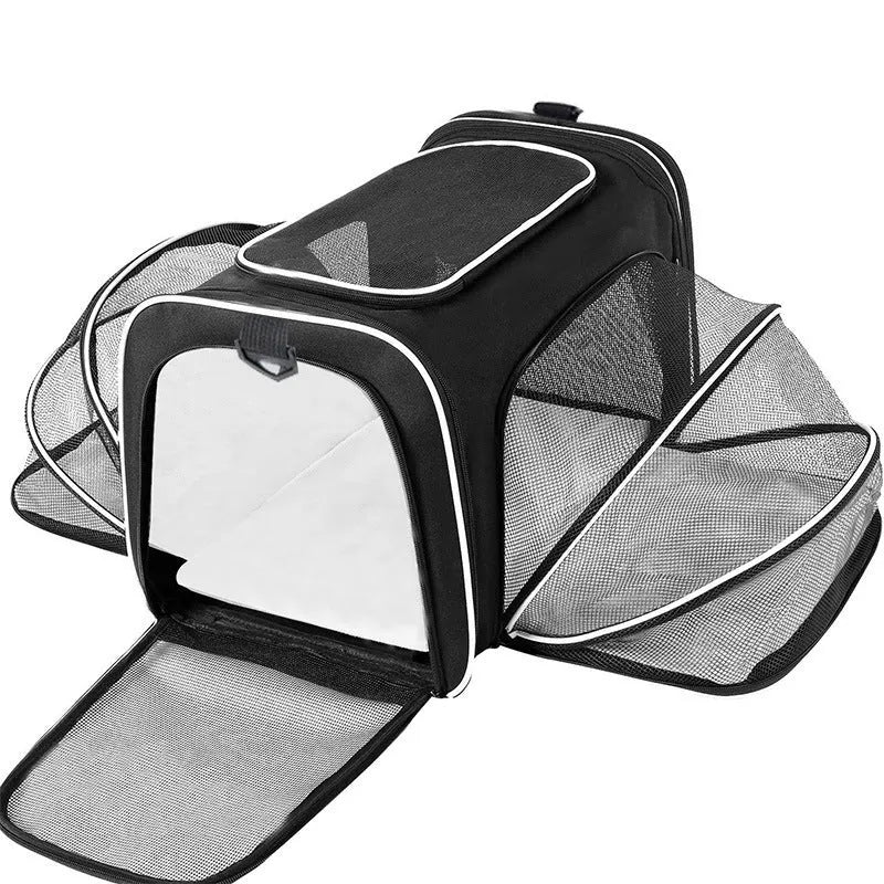 Black 600D cation fabric cat carrier bag with red piping shown in large size