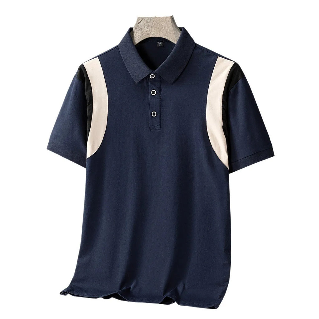 Man modelling a grey striped short-sleeve cotton T-shirt with a V-neck lapel design