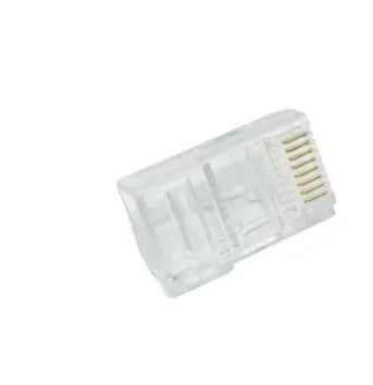 White unshielded RJ45 network modular plug with gold-plated three-fork contacts and all-copper insert.