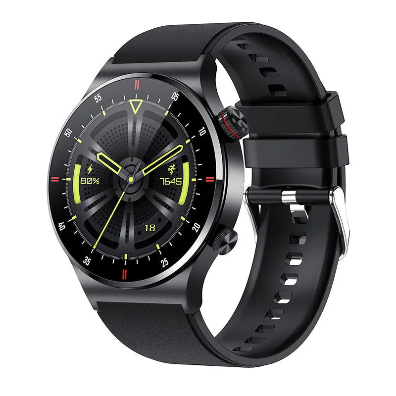Black and silver smart sports watch with silicone band and 1.28-inch screen