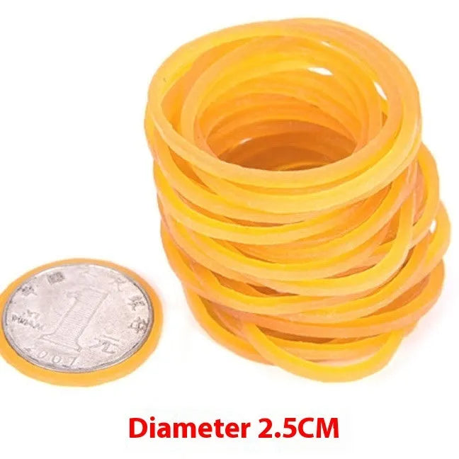 Yellow rubber bands bulk pack showing multiple diameters from 16mm to 70mm for office and packaging use