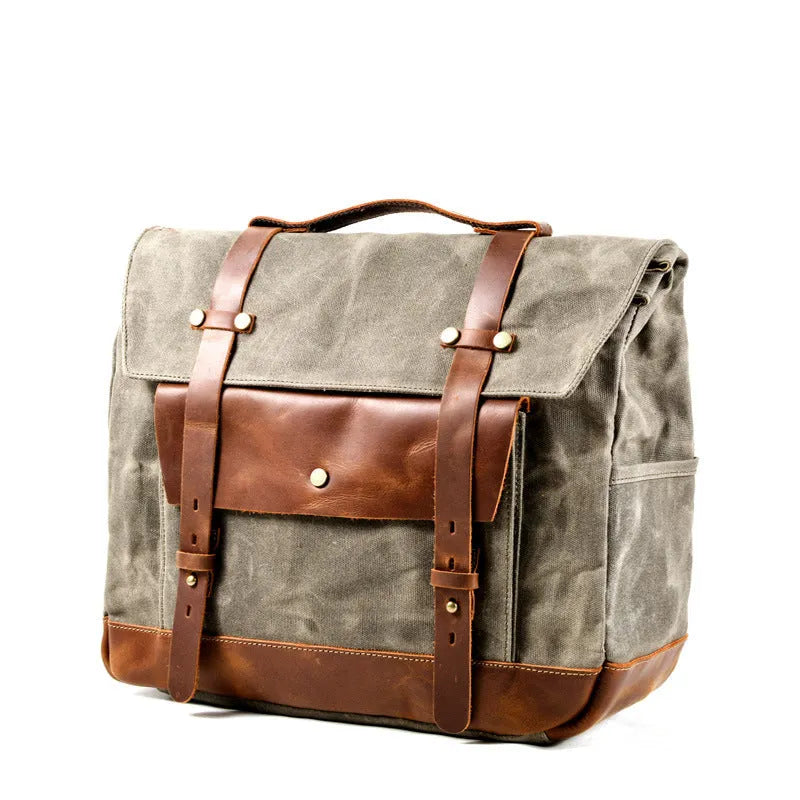 Camel Bag Knight cotton messenger bag in army green with rivet details, showing internal zipper and phone pockets.
