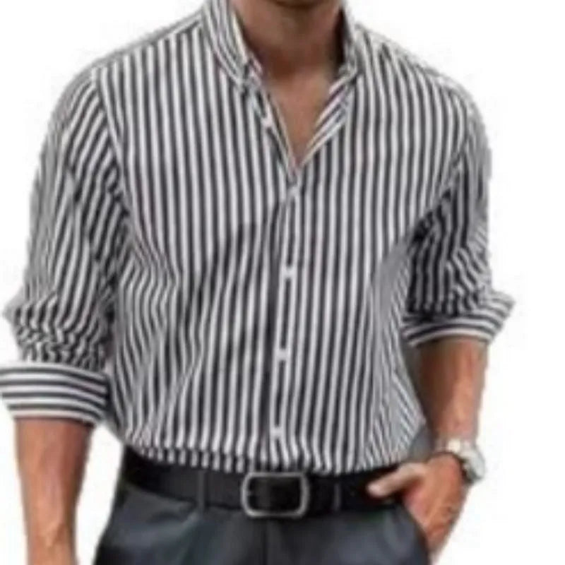 Man modelling a loose-fit khaki striped long sleeve casual button shirt.