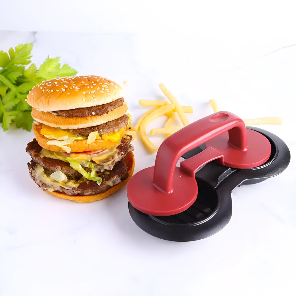 Black and red burger press mould with oil paper liners for making patties