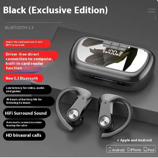Sports running in-ear headset in ear hook style with digital display Black colour PC ABS material