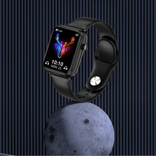 Black all-touch smartwatch with integrated Bluetooth earpieces and a 1.69-inch screen.