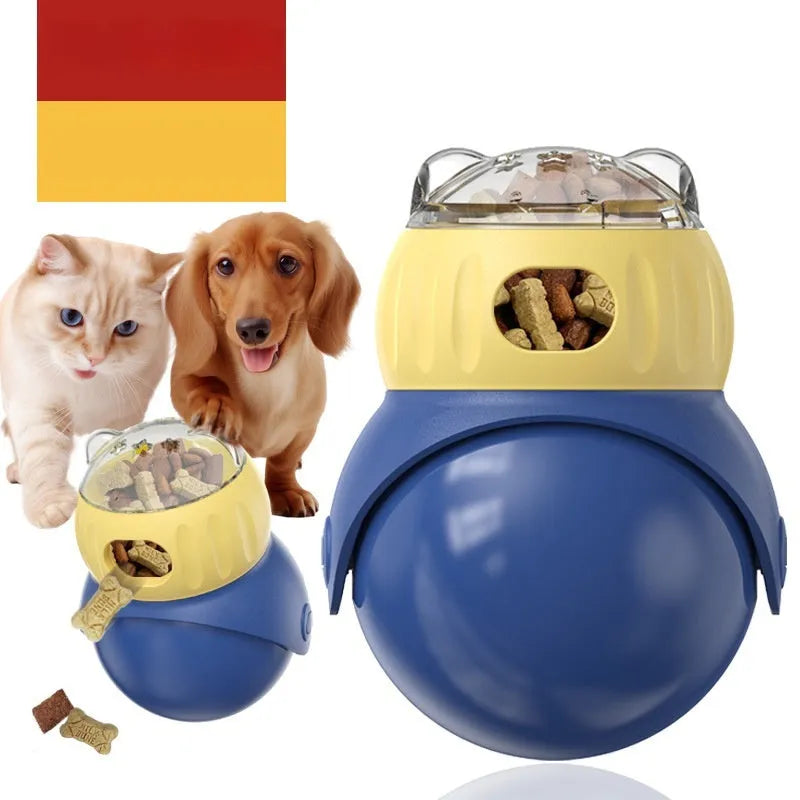 Morandi yellow and blue owl-shaped plastic slow feeder cat toy with kibble openings