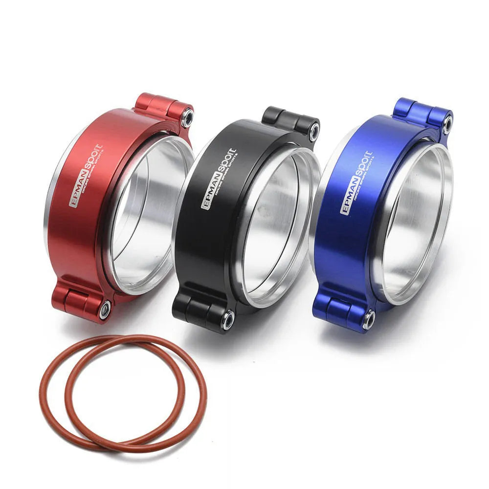 Aluminium fixed movement exhaust clamp for turbo downspouts in black, blue, and red colour options.
