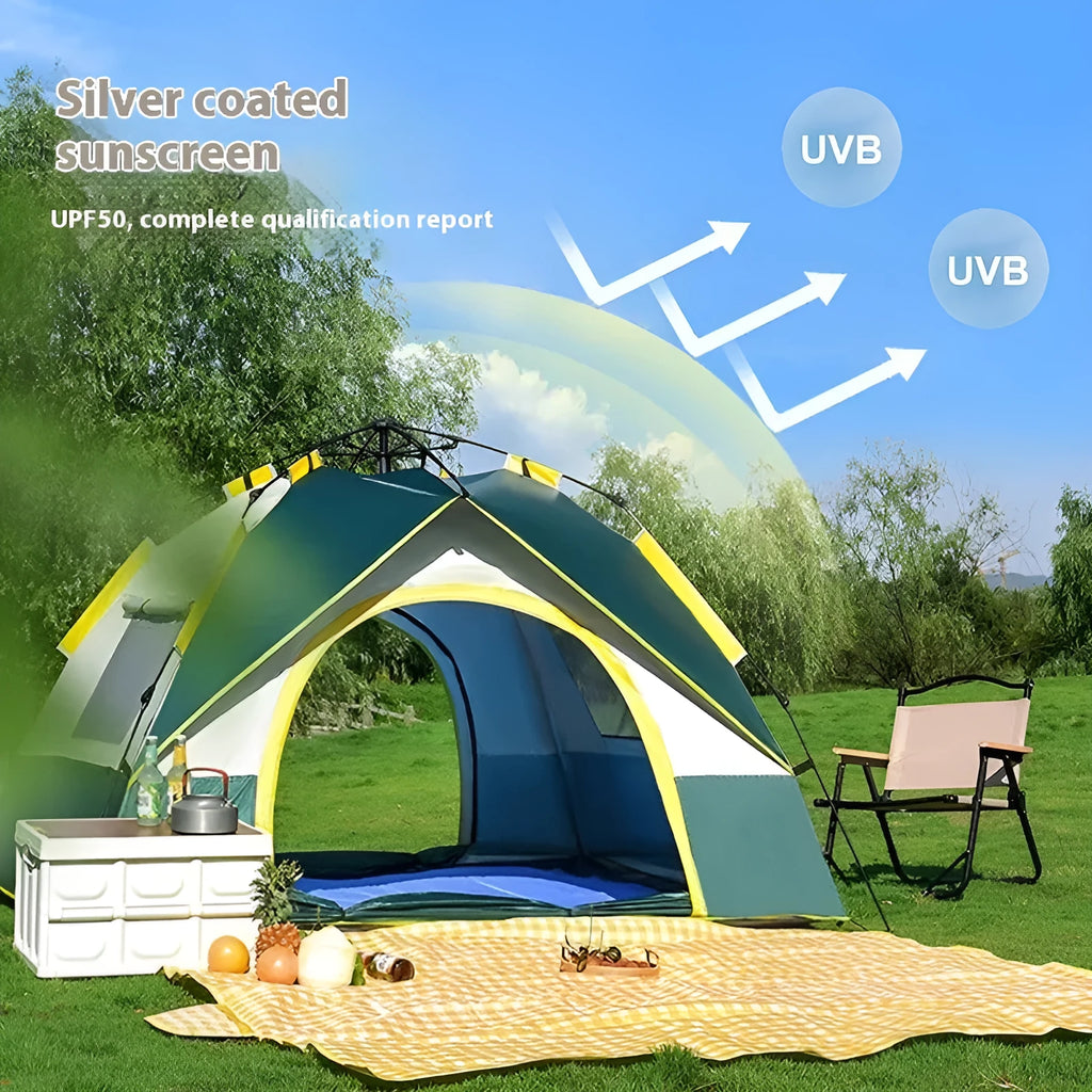 Dark green silver glue quick-open camping tent for 3-4 people pitched outdoors.