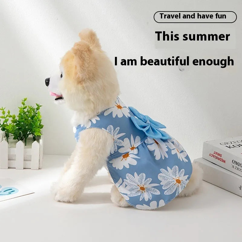 Ultra-thin summer pet dress with floral butterfly knot design for dogs and cats