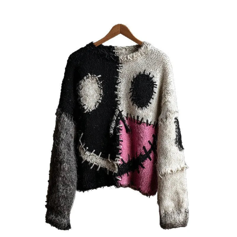 Women's digital print pullover sweater with 3D effect pattern, round neck, loose fit, long sleeves, in polyester fabric