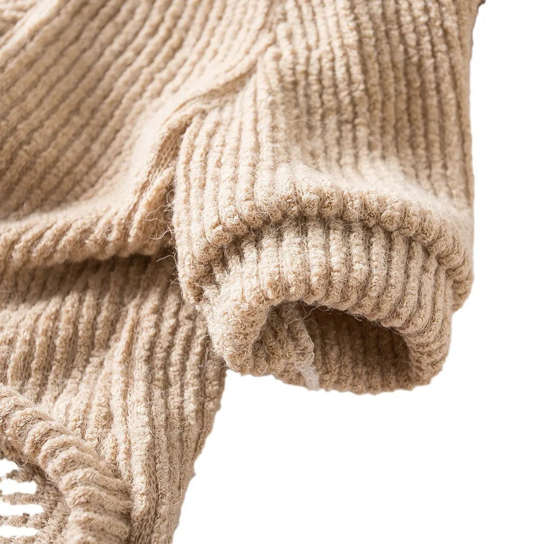 Brown cloth dog pullover sweater on a small white dog, showing casual style.