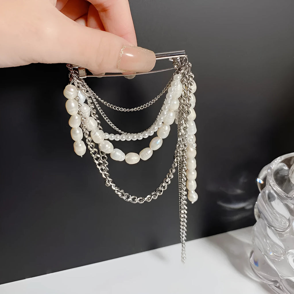 Korean style tassel pearl pin brooch with gold tassel, electroplated alloy finish