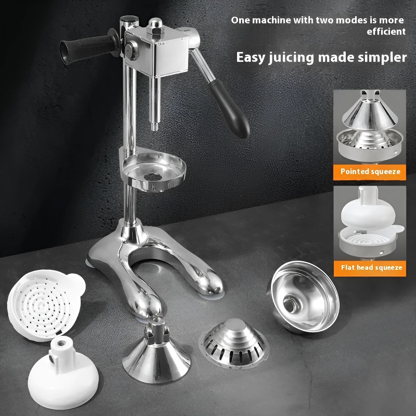Stainless steel vertical manual juicer on a kitchen countertop in a choice of colours.