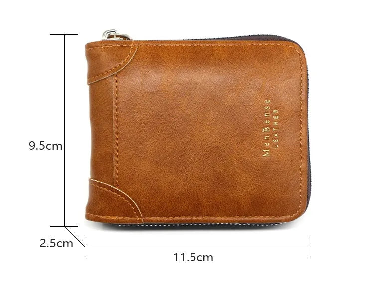 Men's short zipper coin purse in PU leather, available in black, dark brown, and light brown