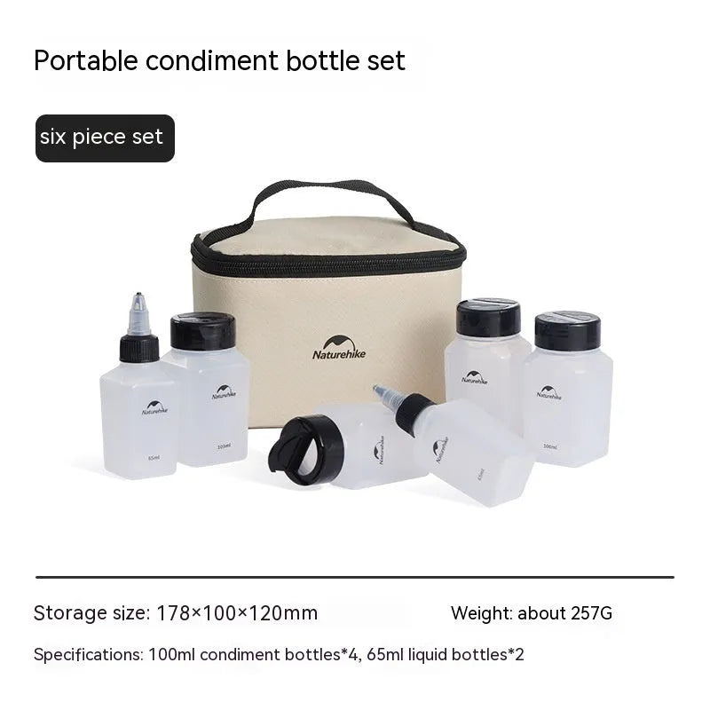 Naturehike six-piece set of simple white portable plastic seasoning bottles for outdoor use.