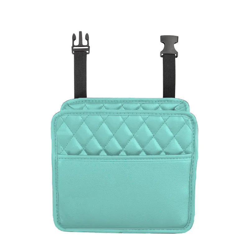 Leather car hanging storage bag in black, pink, green, or white, shown attached to a car seat.