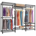 Black metal floor-standing storage rack for clothing organisation.