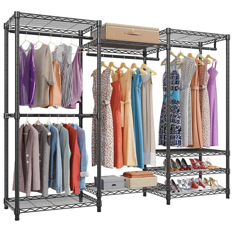Black metal floor-standing storage rack for clothing organisation.