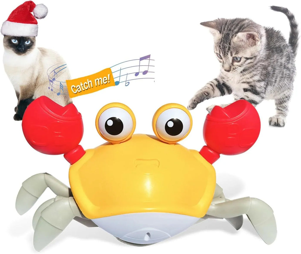 Blue electronic crab dog toy with lights on a floor, demonstrating side-crawling movement.
