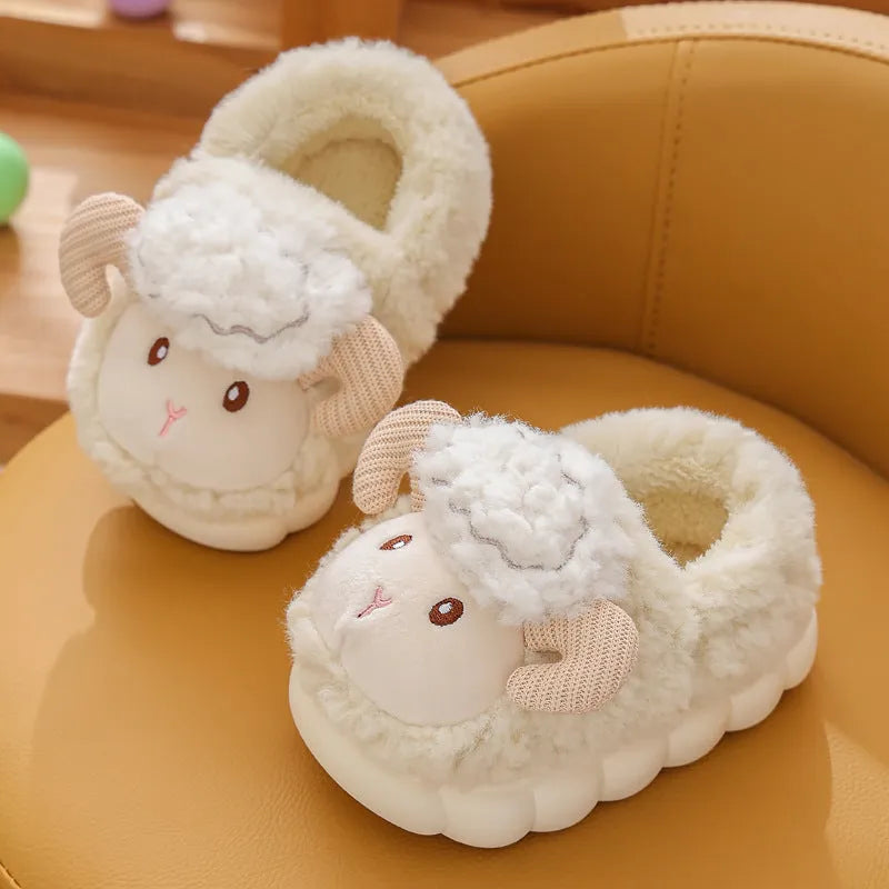 Children's cotton slippers with plush upper in pink, beige, and khaki, PVC sole, indoor use