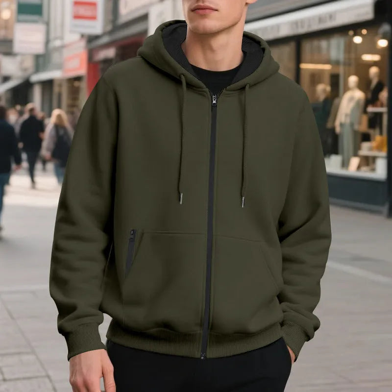 Men's fleece-lined loose drawstring hooded zip-up sweater in six colour options and sizes S to XXXL