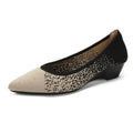 Women's pointed toe wedge pumps with mesh upper and low rubber sole in leopard brown colour