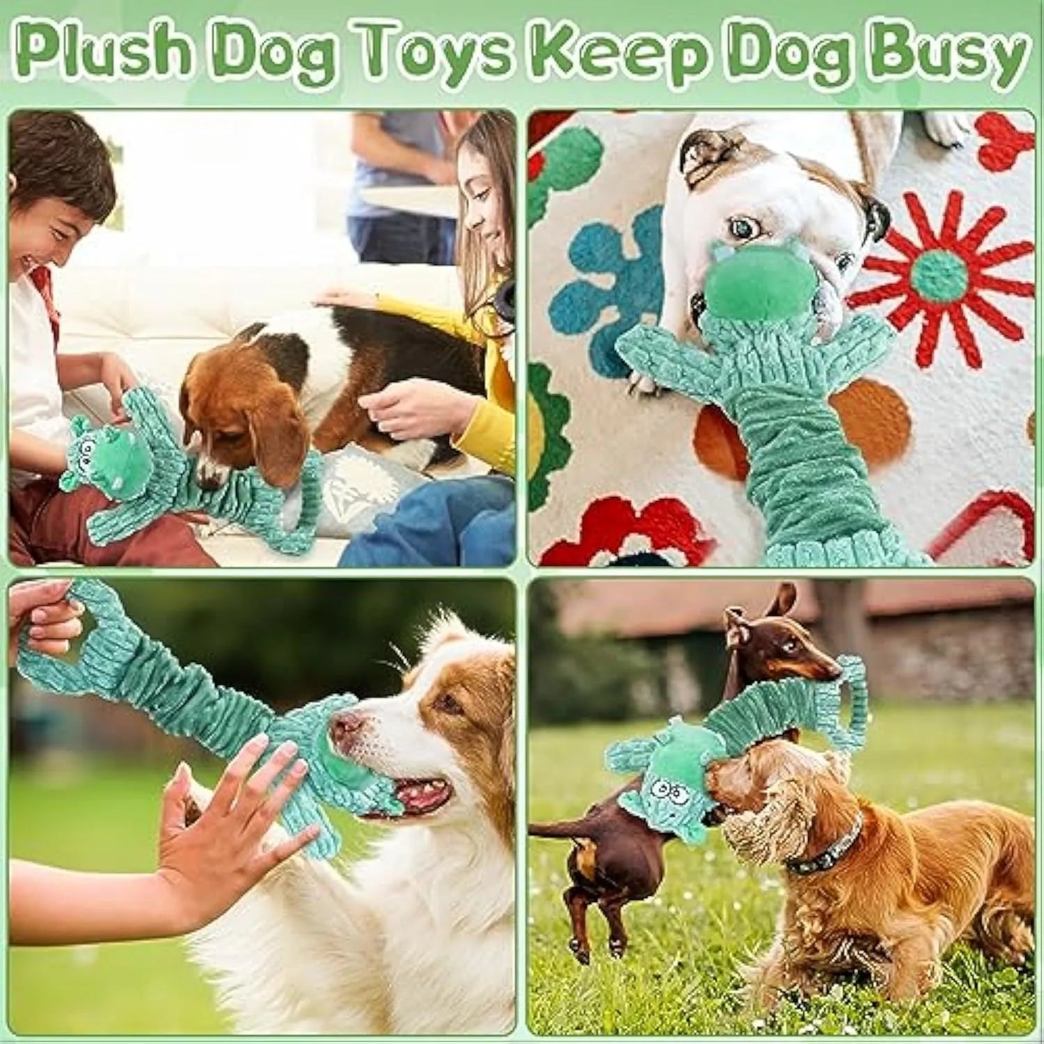 Large squeaky plush dog toy in hippo or monkey design with telescopic handle for tug of war
