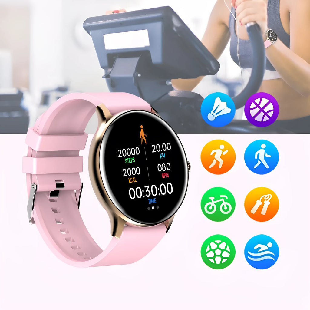 Black smartwatch with blood pressure monitoring on a silicone strap, showing a 1.28-inch touchscreen display.