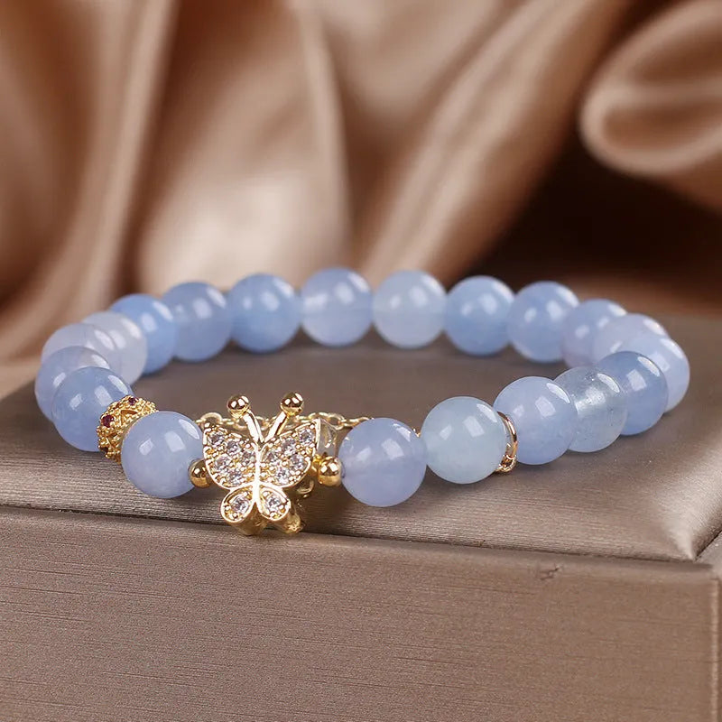 Sky blue aquamarine butterfly crystal bracelet with pearls and rhinestones, 17cm length