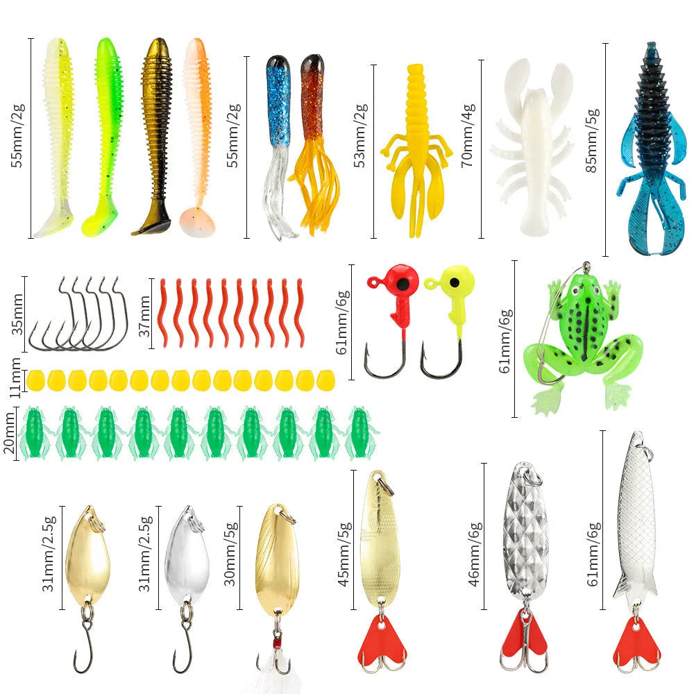 Open metal fishing tackle box showing compartments with assorted hooks, swivels, and split shot sinkers inside.