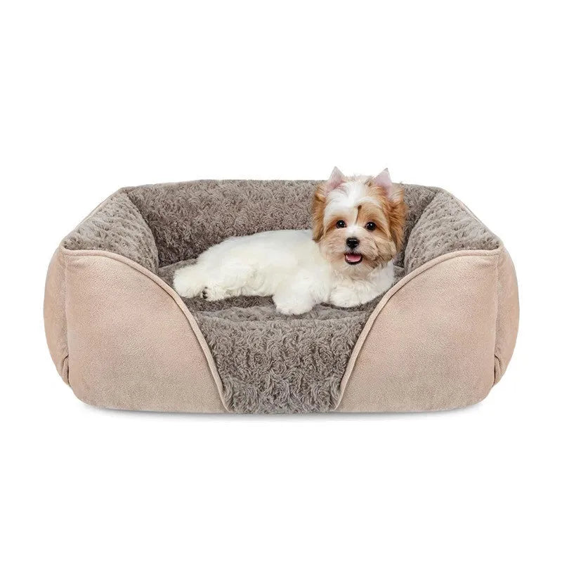Beige plush kennel-style pet bed for dogs or cats, showing enclosed sides and soft cushioning.