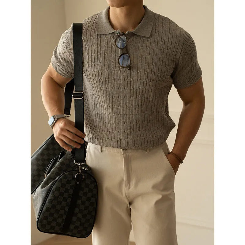 Men's khaki short-sleeve versatile top on a hanger, showing business casual style.