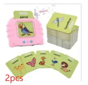 Children's English learning machine with audio book cards showing blue colour and educational interface