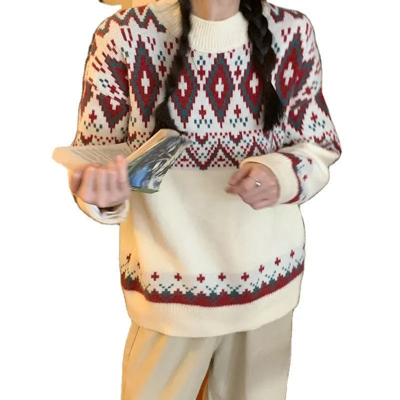 Loose retro striped pullover knitted top in red or white with long sleeves