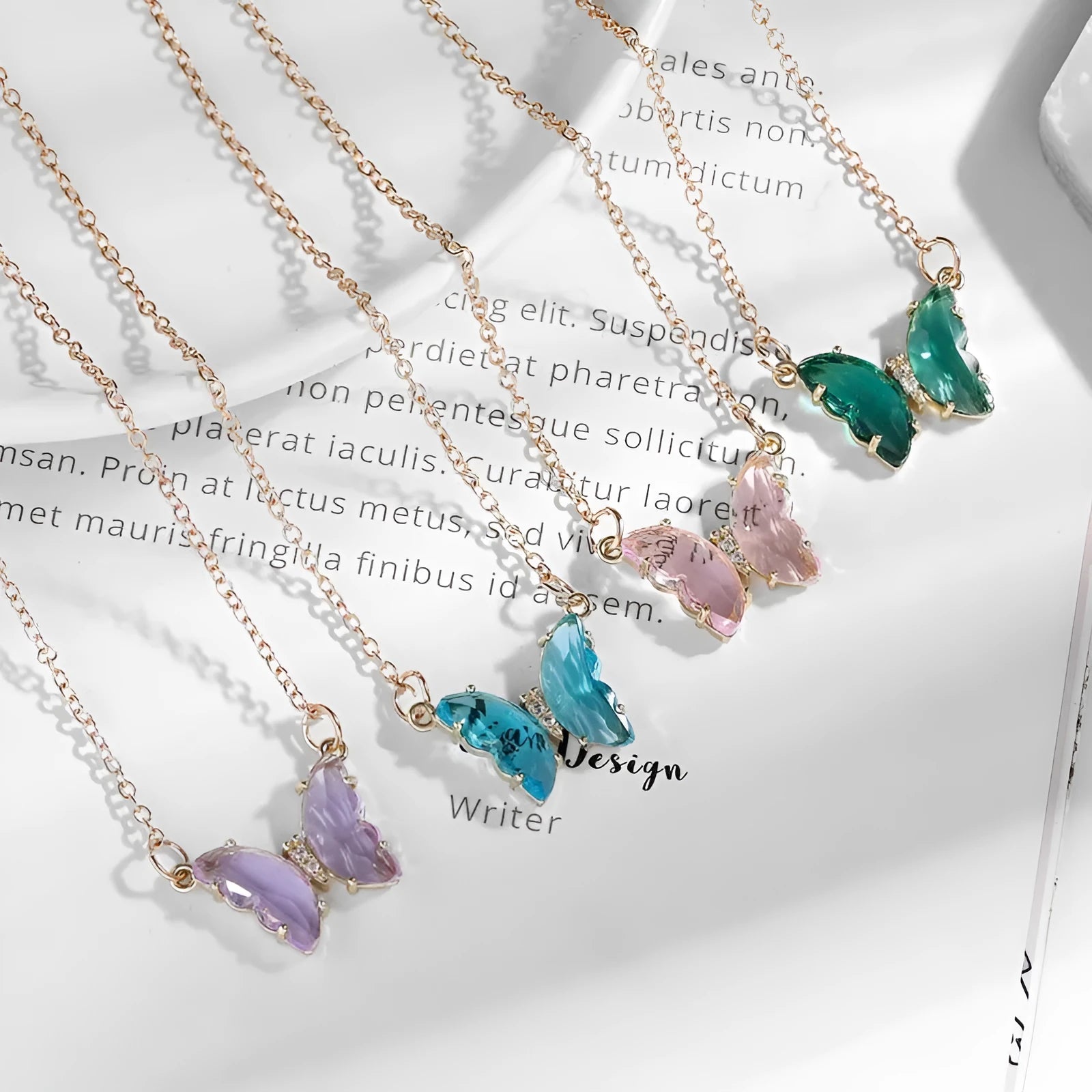 Crystal glass butterfly pendant necklace on water wave chain in blue colour, adjustable 51-80cm