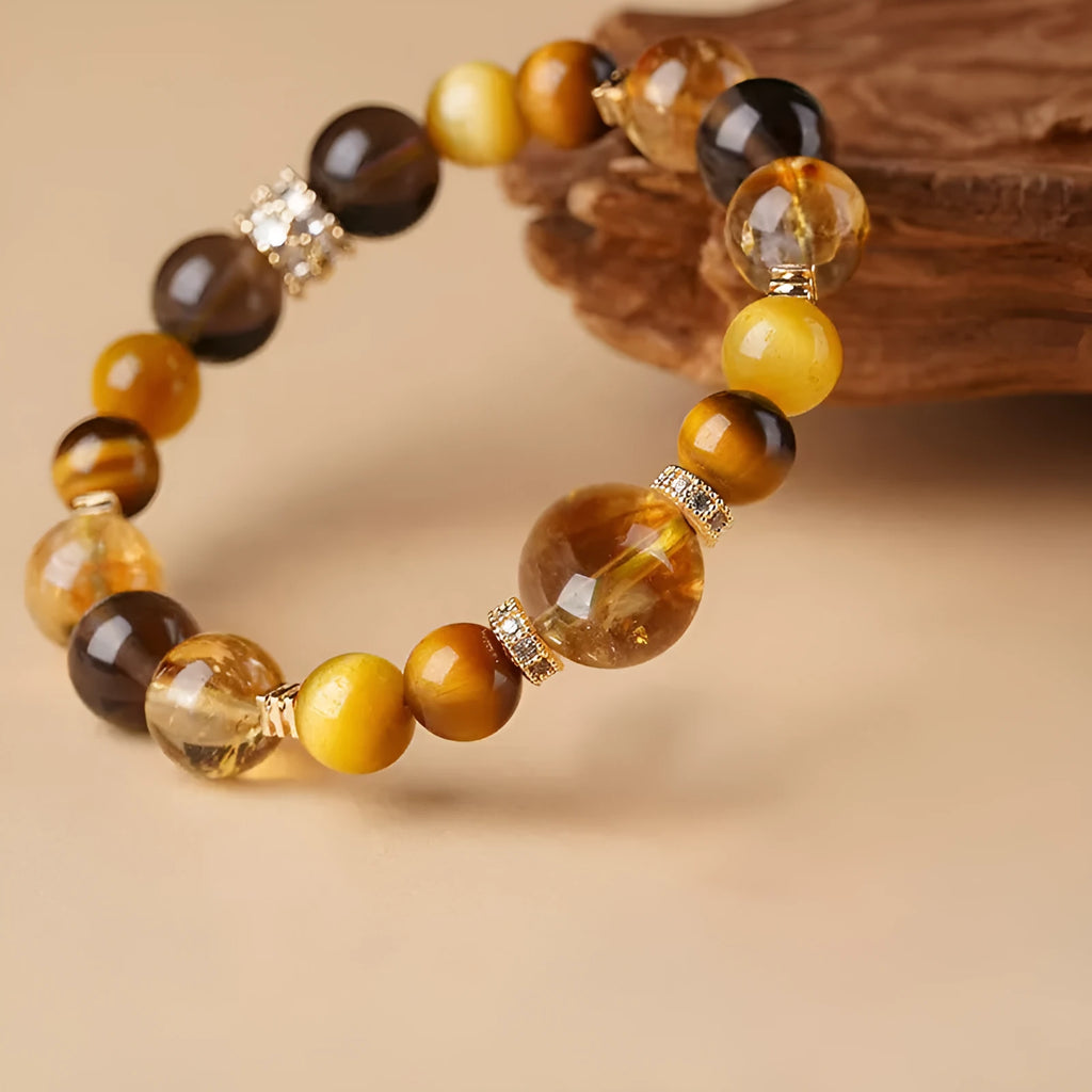Natural yellow tiger-eye crystal bracelet with geometric tower design and 10MM beads